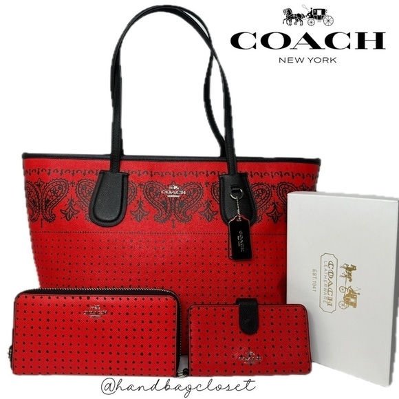 Coach 36357 Red Bandana Polka Dot Black Taxi Tote Bag and Wallets Americana Set - Picture 1 of 16